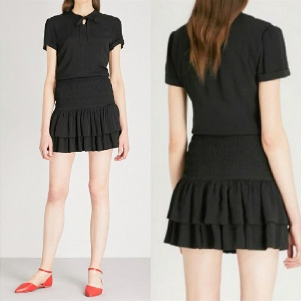 Maje Black Waist Smocked Raboa Mini Dress Maje Sz 2/Sz M (4-6) NWT